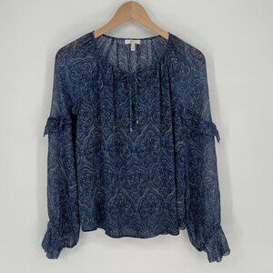 Joie Womens Paisley Sheer Silk Blouse Size M Blue Long Sleeve Ruffle Detail Tie